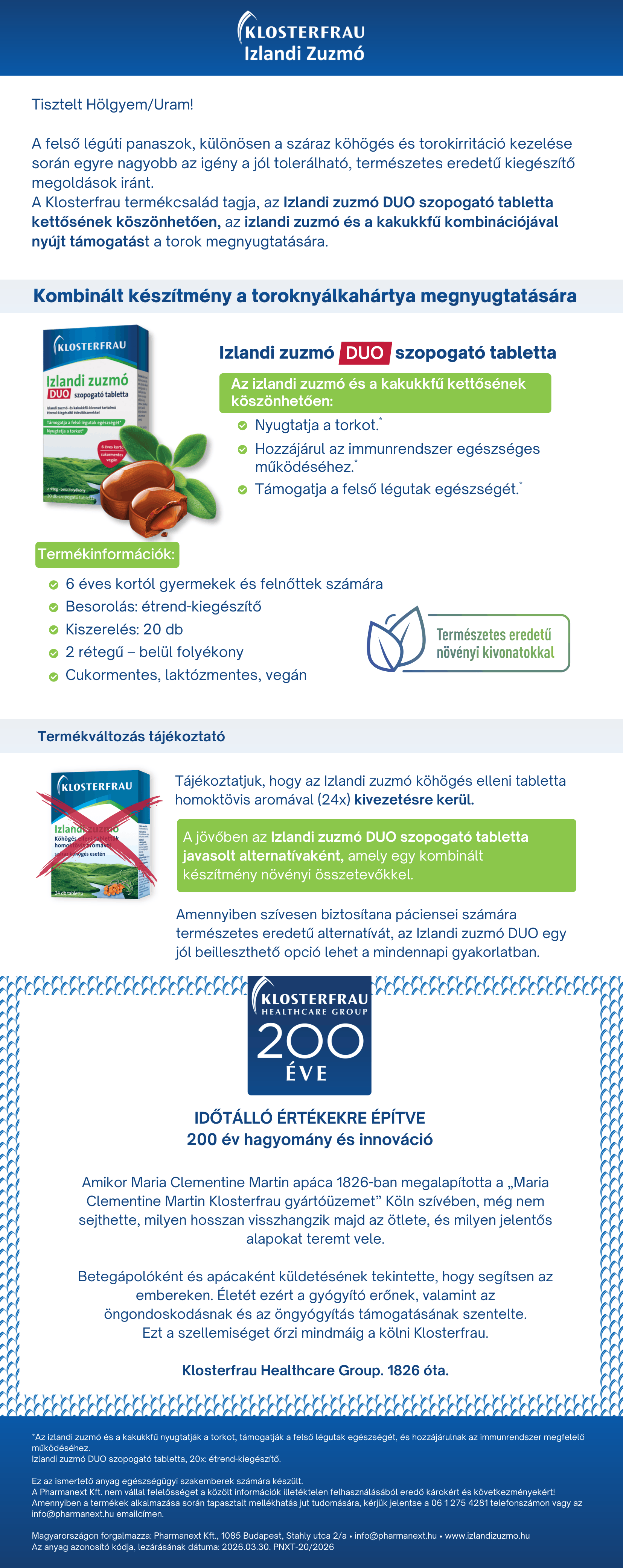 Klosterfrau Izlandi zuzmó DUO szopogató tabletta – termékváltozás tájékoztató